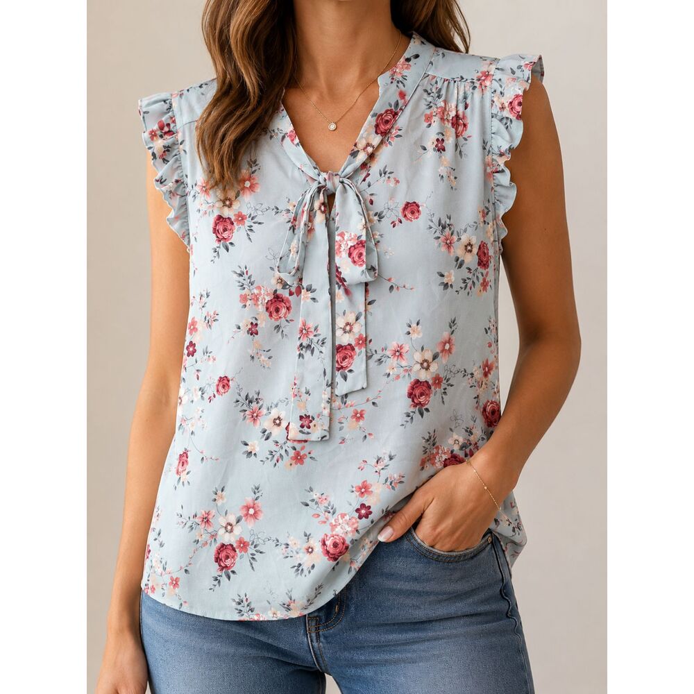 Sweet Rain Pastel Floral Ruffle Sleeve Tie Neck Blouse Plus Size 1X Cottagecore